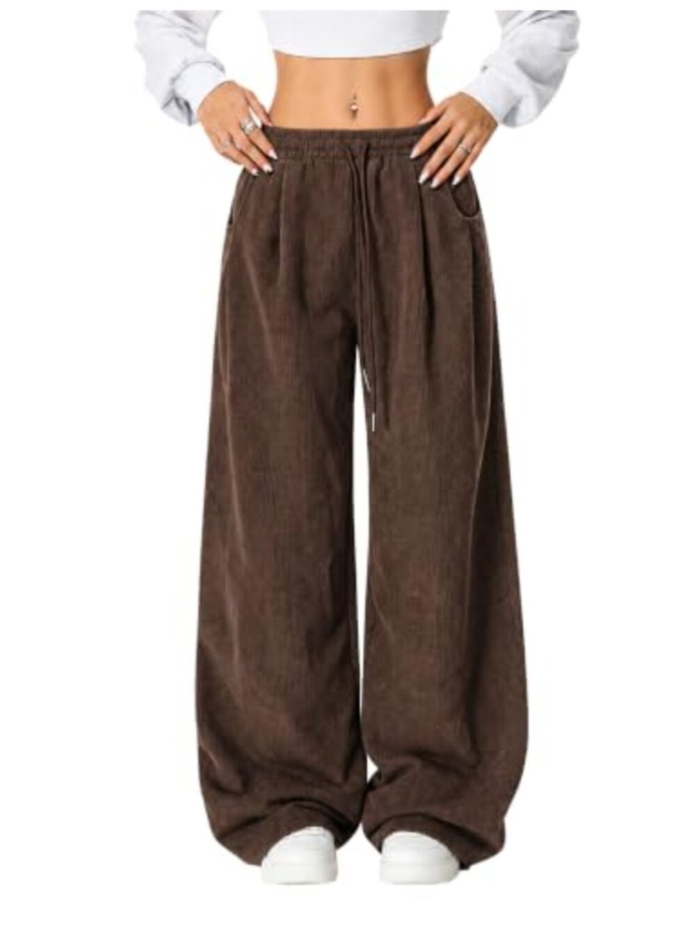 SEAUR Corduroy Wide-Leg Pants Drawstring Elastic Waist Palazzo